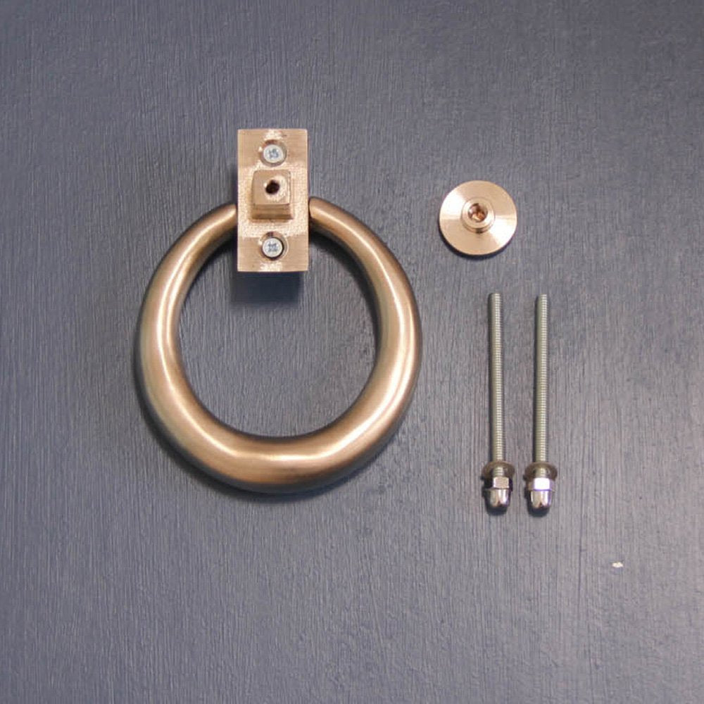 Components of solid brass Hoop Door Knocker in Satin Nickel plated finish.