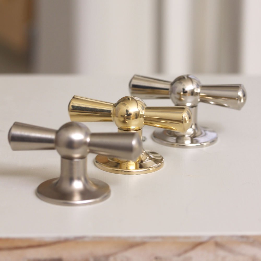 Crossed T Shaped Cabinet Knobs in Nickel and Brass