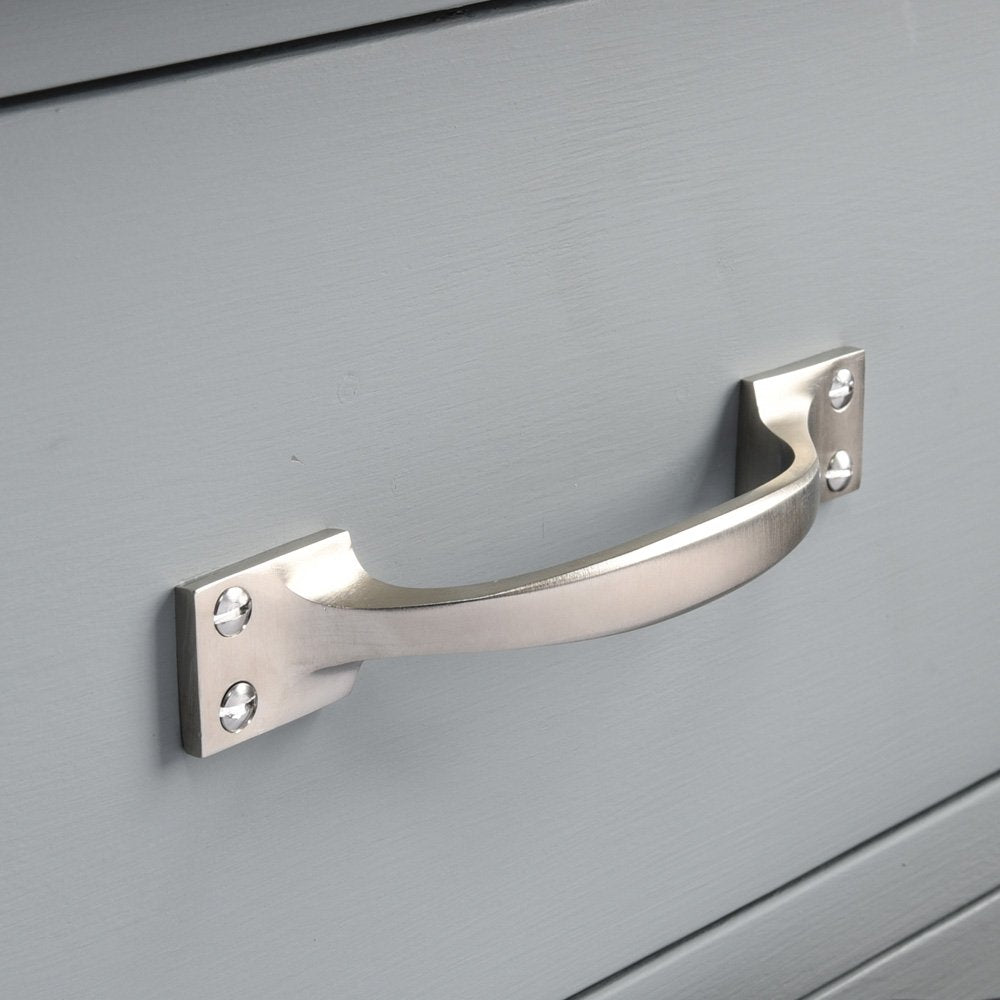 Angled image of satin nickel pull handle