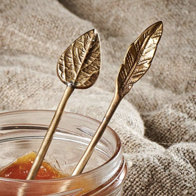 Set of 2 Brass Long Leaf Spoons in Jar