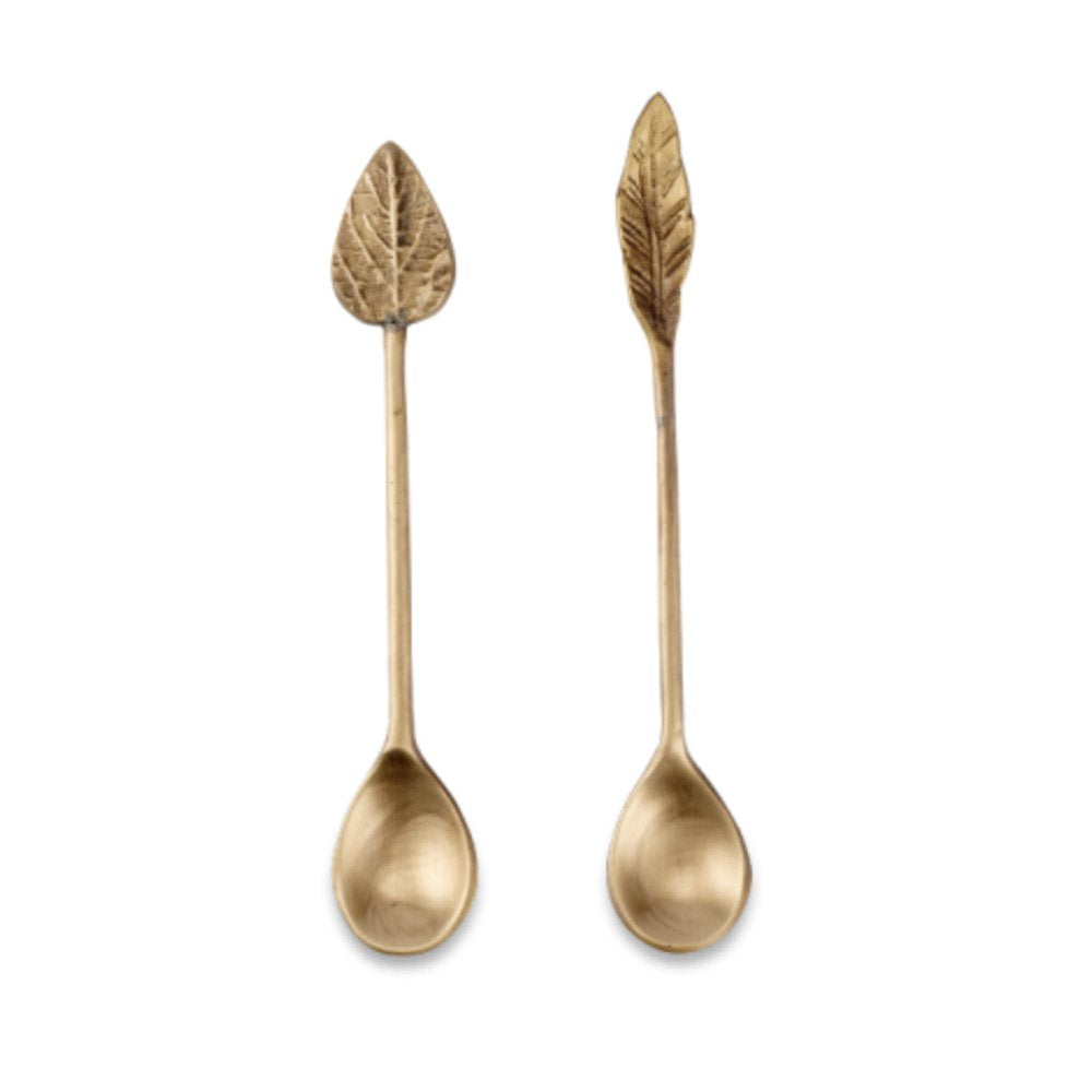 Set of 2 Brass Long Leaf Design Spoons, with a Leaf at the End of Each Handle