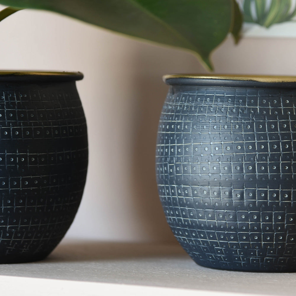Detail of Set of 2 Tembesi Design Planters in Antique Black and Brass