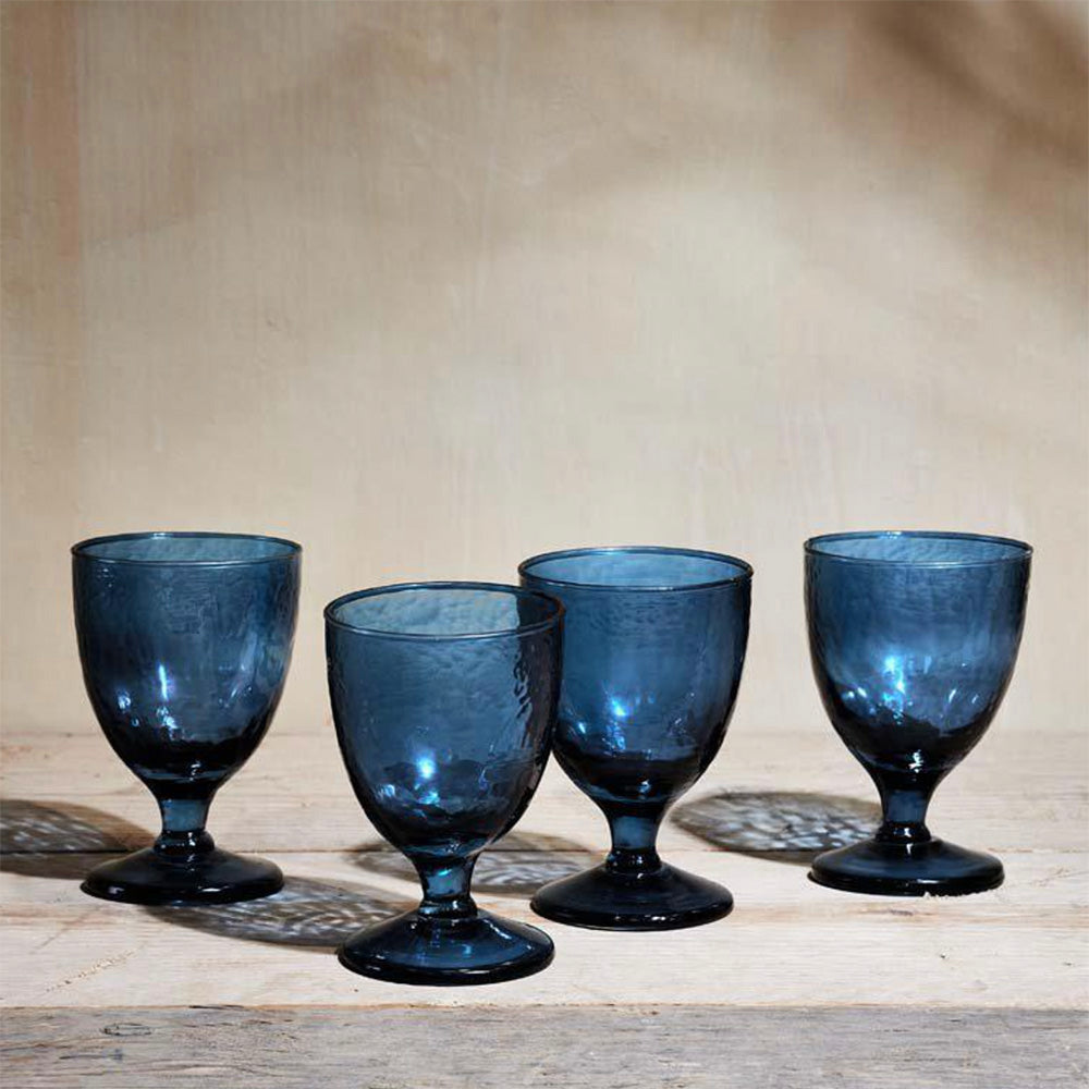 Set of 4 Hammered Glass Wine Glasses in Indigo Blue