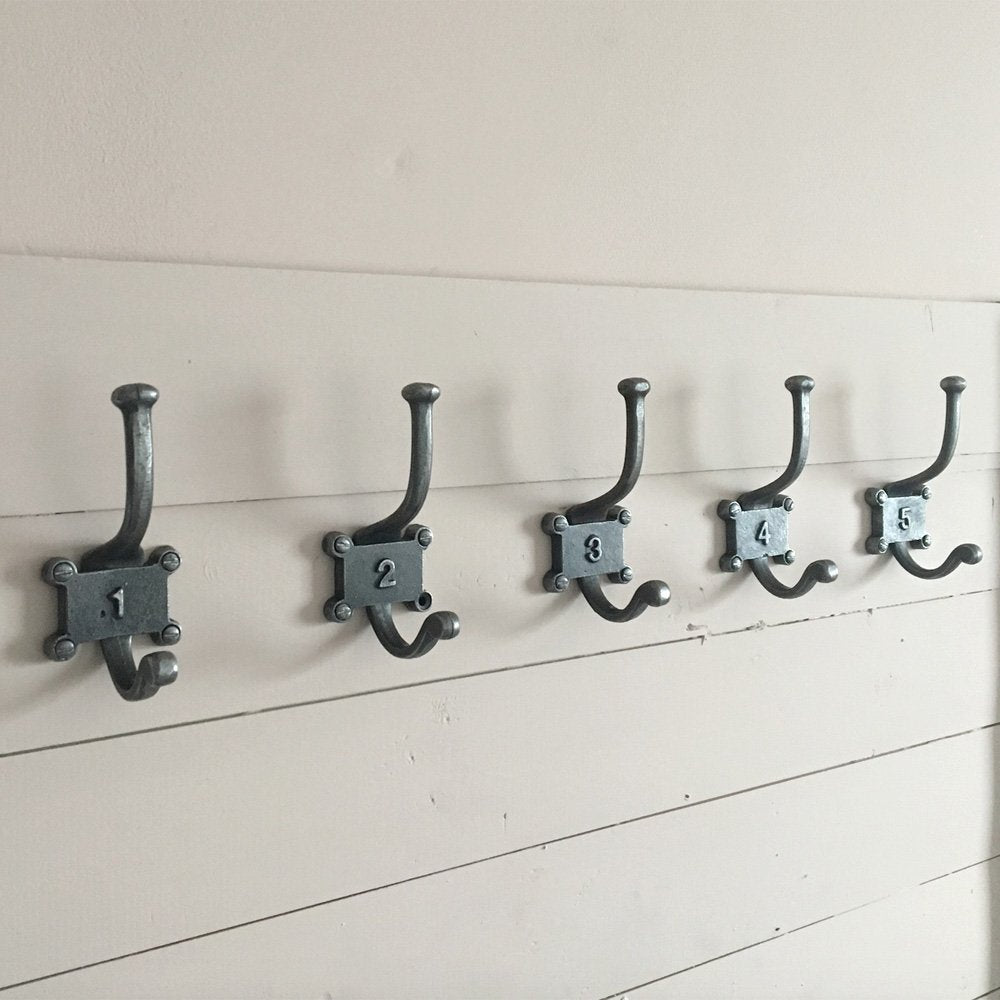 Set of 5 Numbered Double Coat Hooks in Cast Iron on Wall