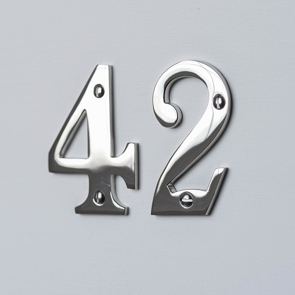 Solid brass 3 inch House Numbers in Polished Nickel plated finish.
