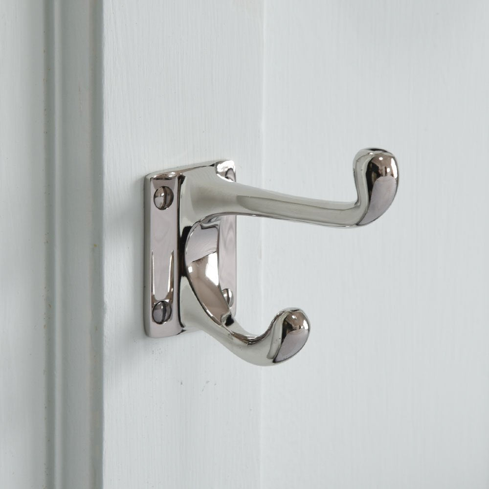 Solid brass Double Coat Hook in Polished Nickel plated finish.