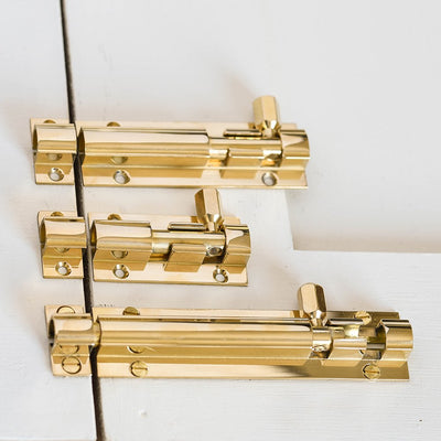 Rounded Barrel Bolts in Polished Brass.