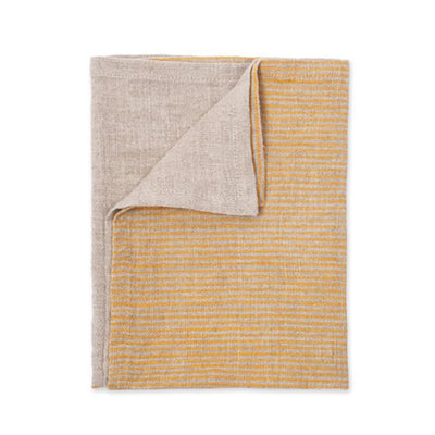 Striped yellow and cream linen napkins with a corner folded over to show plain napkin 