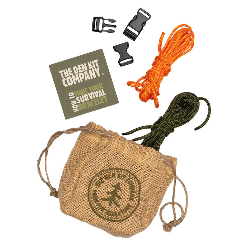 Survivla bracelet kit with green and orange rope, clips, guide and drawstring bag