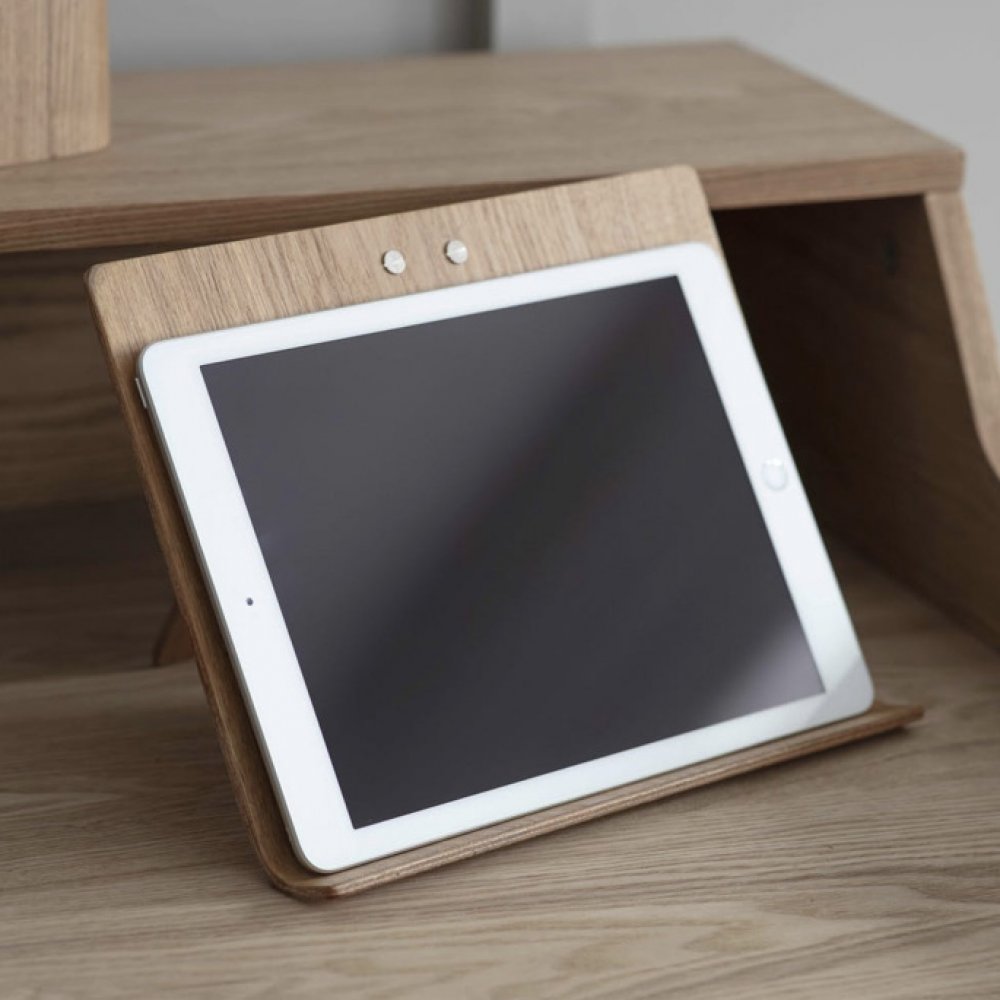 Wooden tablet stand holding iPad