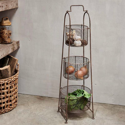 Three Tiered Wire Storage Stand in Aged Brass, Filled with Vegetables