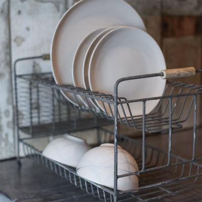 Tilmo Wire Dish Rack Drainer in Distressed Grey, Filled with Plates and Bowls