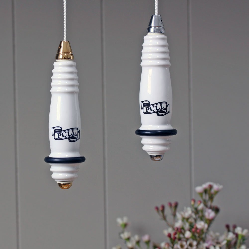 Traditional Ceramic Cistern Light Pulls in Brass and Chrome with Display Cord