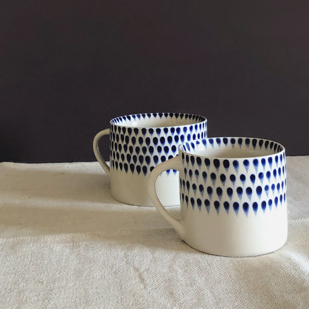 Two White & Blue Indigo Drop Design Ceramic Mugs