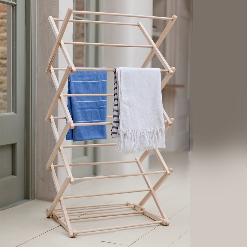 Self-standing and collapsable wooden clothes horse made with untreated beechwood