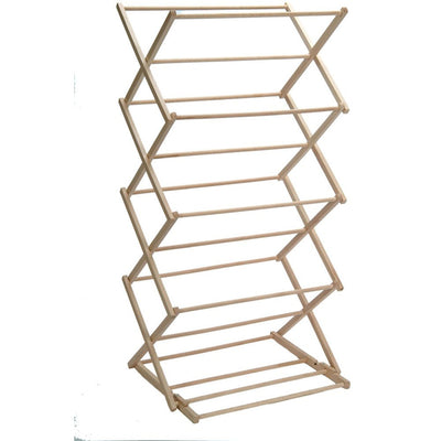 Stock image of upright collapsable wooden clothes horse made with untreated beechwood