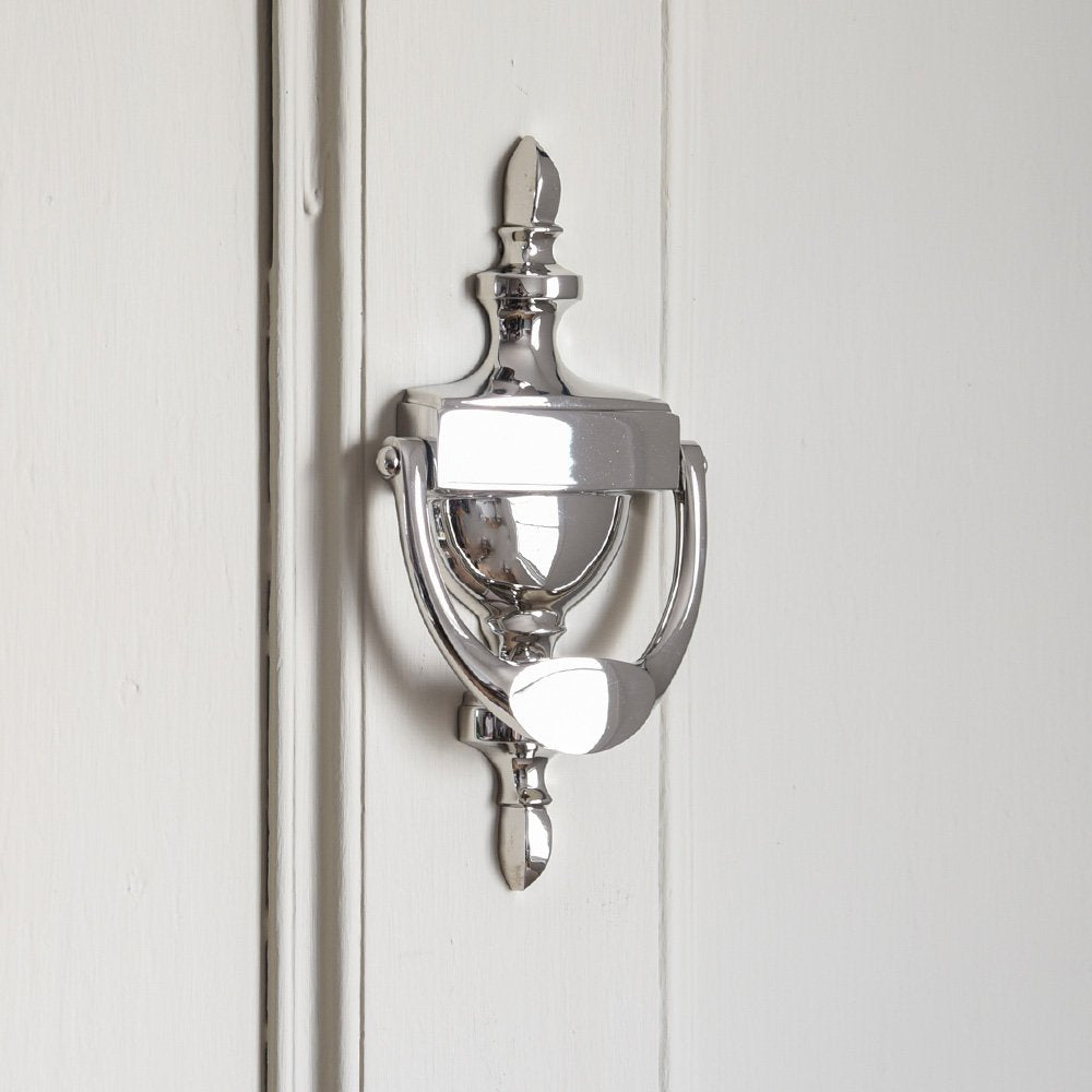 Solid brass Urn Door Knocker in Polished Nickel plated finish.