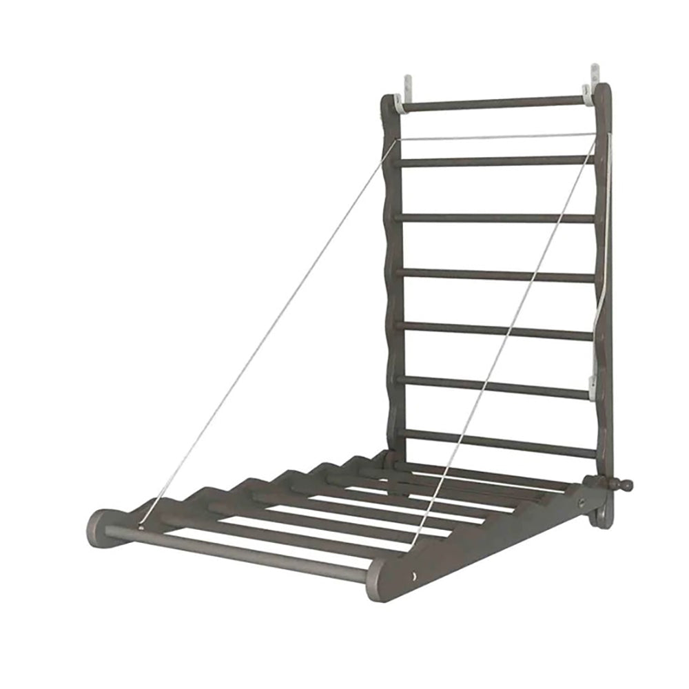 Wall mounted wooden clothes airer in grey on white background open