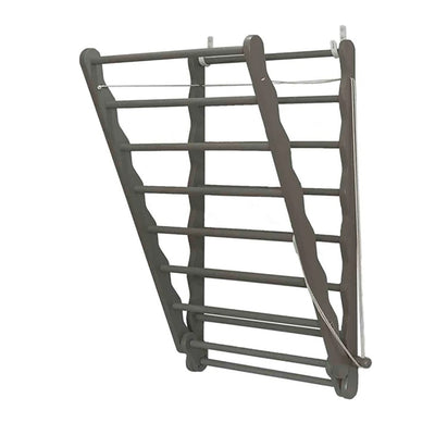 Wall mounted wooden clothes airer in grey against white backgrouond