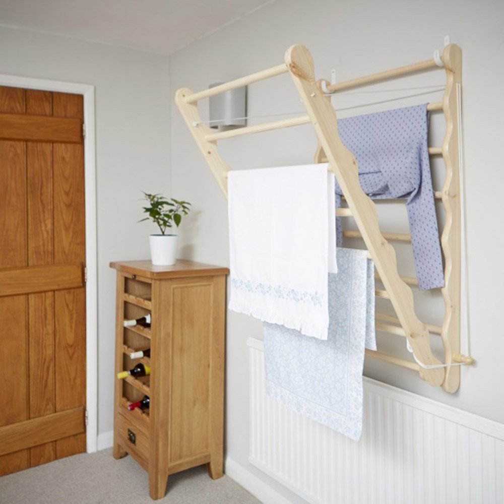 Wall Mounted Wooden Clothes Airer in Pine in Situ on Wall
