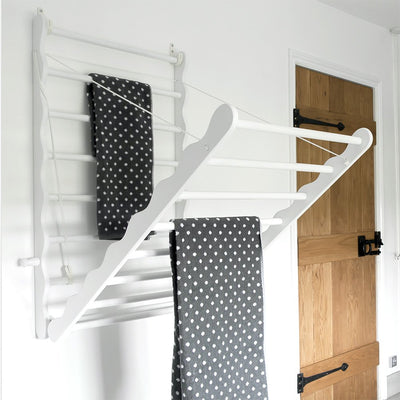 Wall Mounted Wooden Clothes Airer in White, in Situ on Wall