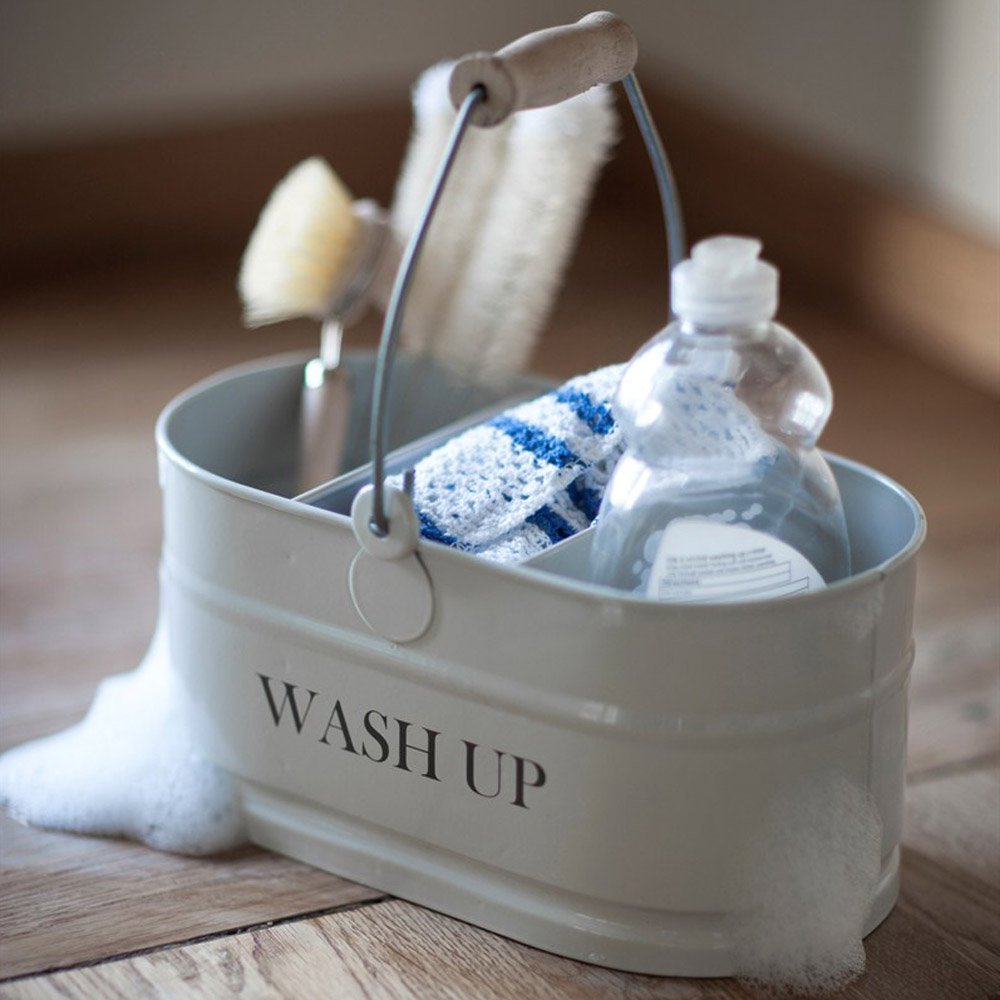 Off-white metal wash up tidy with three compartments. Metal handle and beechwood grip. 'Wash up' printed on side in black capital letters.