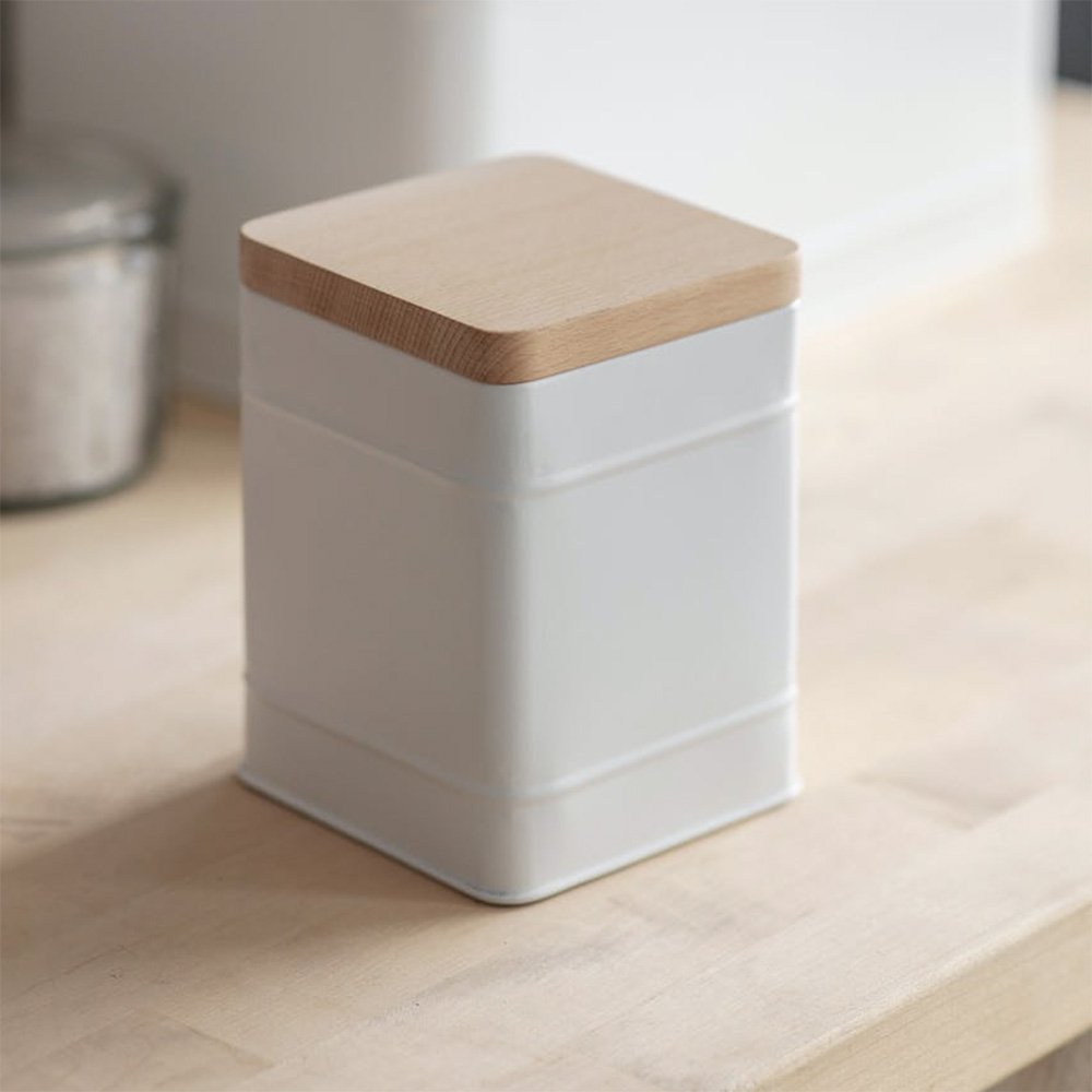 White metal storage canister with beechwood lid