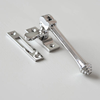 Close up of Solid brass Fairmount Mortise Plate Casement Fastener in Polished Nickel plated finish.