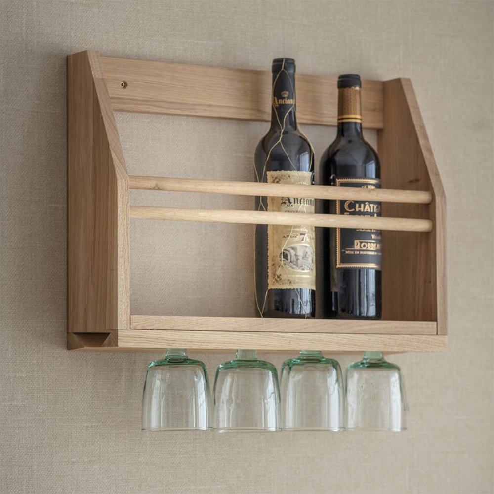 Mounted oak wine shelf with space to store four bottles of wine and hang wine glasses underneath