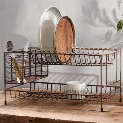 Wire Dish Rack Drainer in Aged Brass, Filled with Plates and Utensils