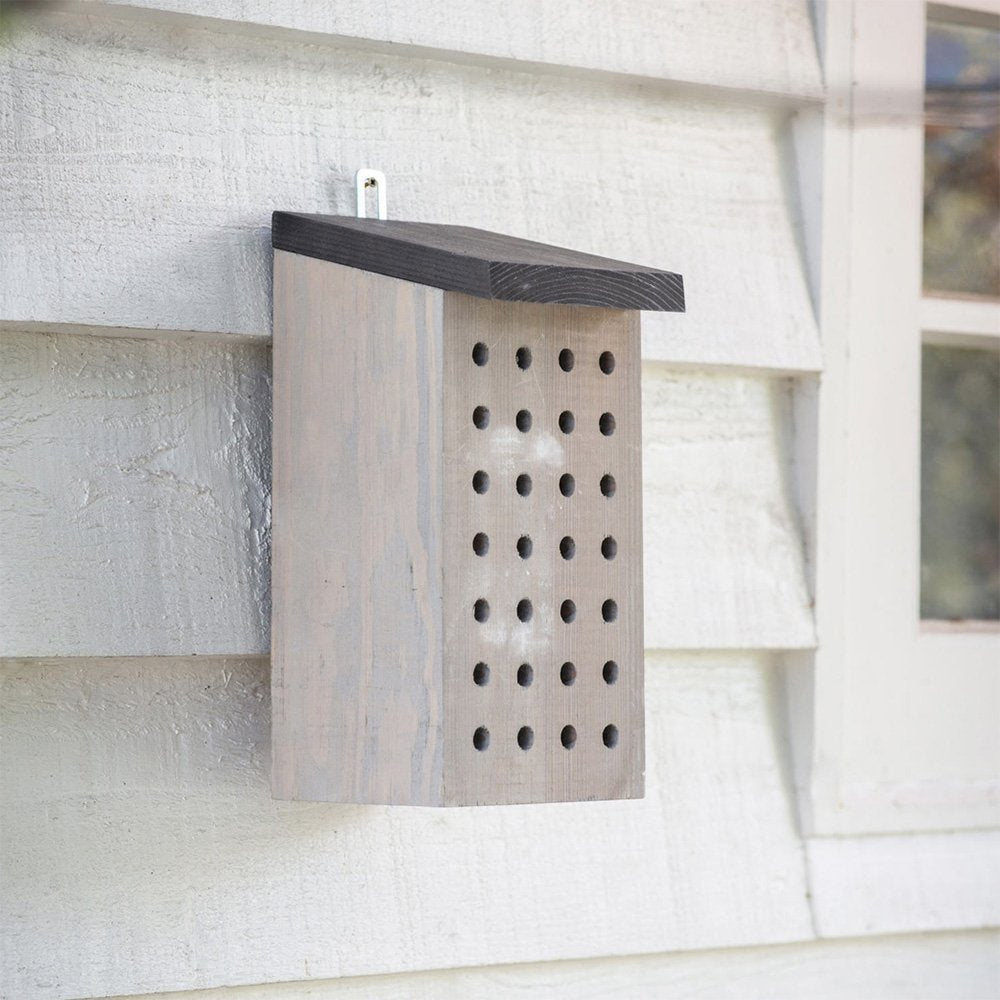 Wooden bee house hung from house