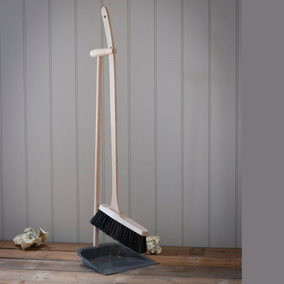 Wooden dustpan and brush with long handle, pan charcoal and bristles black