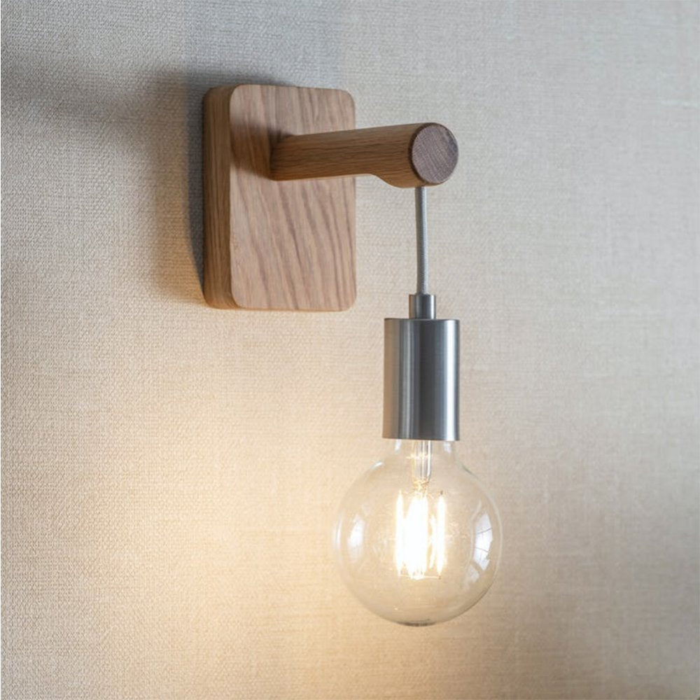 Wooden wall light with hanging satin nickel fixings