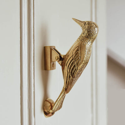 brass woodpecker door knocker on door seen from side