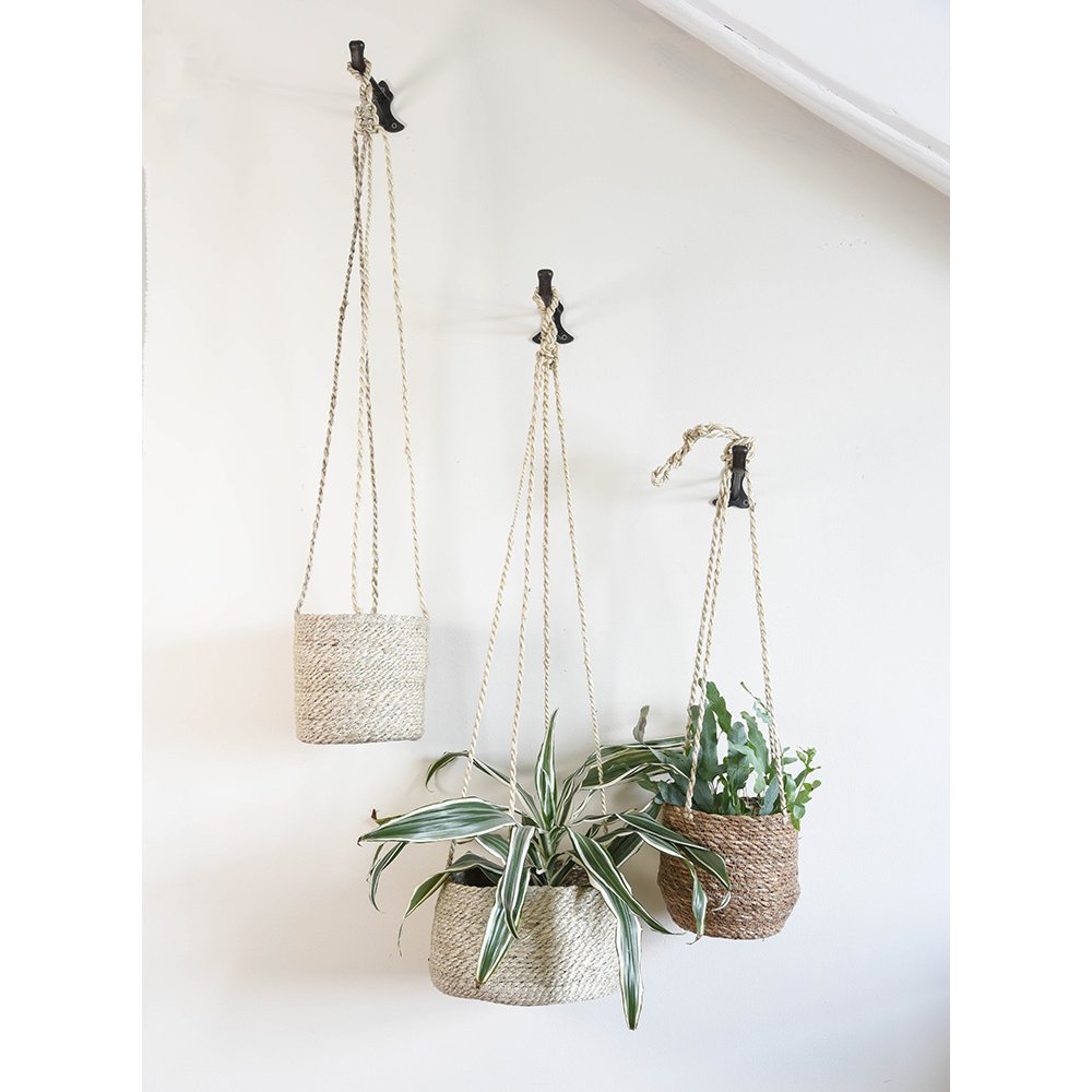 Woven hanging planters in tall jute (left), wide tapered (middle) and short seagrass (right)
